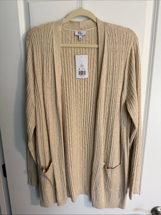 Kim Rogers Sweaters - Kim Rogers Beige Ribbed Open-Front Cardigan with Pockets
